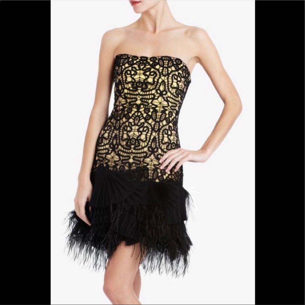 BCBG MaxAzria RUNWAY- Designer Cocktail Mini Dress | ostrich feather hem